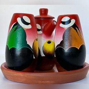 Hand painted Peruvian Folk Art Pottery Salt/Pepper Shakers  Oil Bottle w/Lid